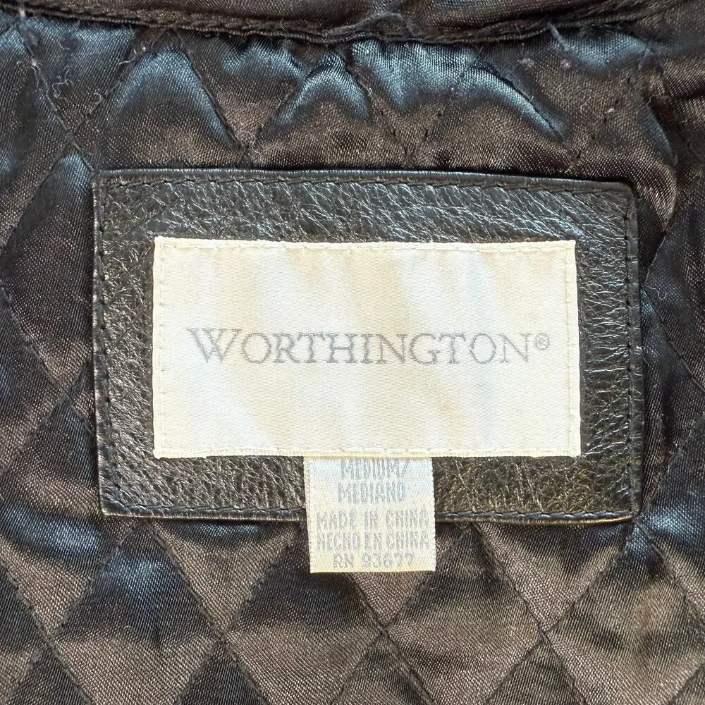 Worthington Black Leather Jacket Collared Zip Insulation Size M 90’s Grunge